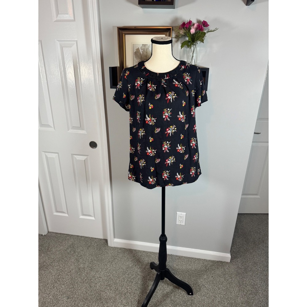 Boden Silk Blend Dark Romantic Floral Ruffle Neck Office Navy Top US 8